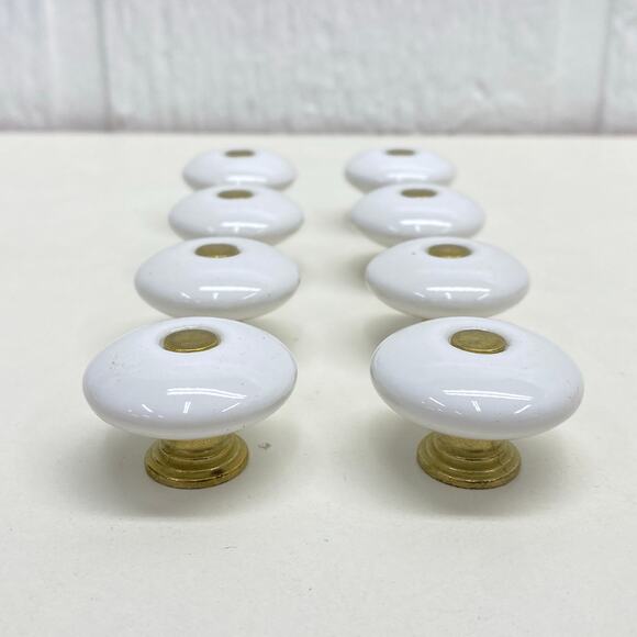 Vintage Lot of 8 White Porcelain & Gold Tone Cabinet Dresser Desk Vanity Knobs - Picture 3 of 9